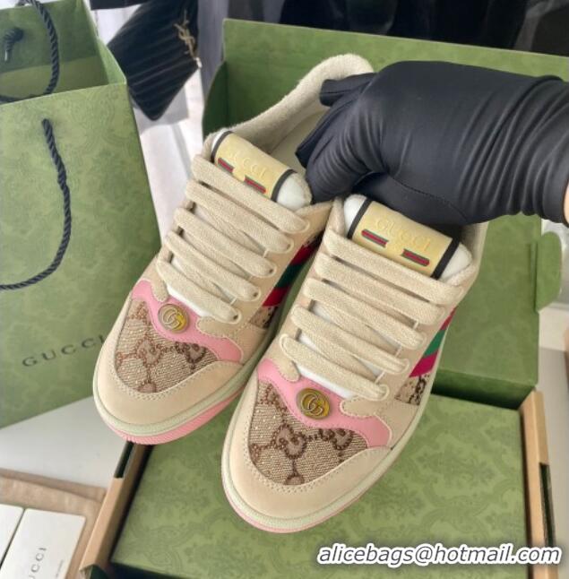 Pretty Style Gucci Screener Sneaker with Crystals in Beige Leather and GG Canvas Pink 122379