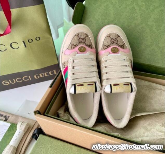 Pretty Style Gucci Screener Sneaker with Crystals in Beige Leather and GG Canvas Pink 122379