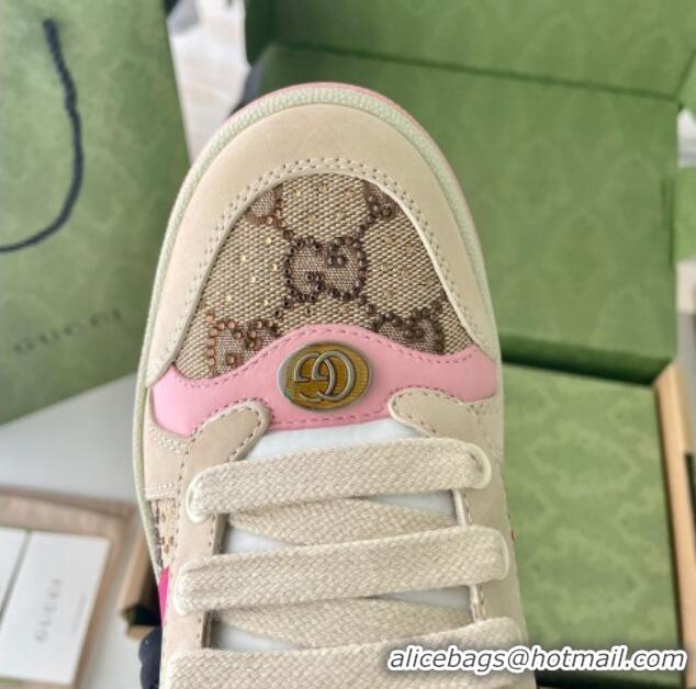 Pretty Style Gucci Screener Sneaker with Crystals in Beige Leather and GG Canvas Pink 122379