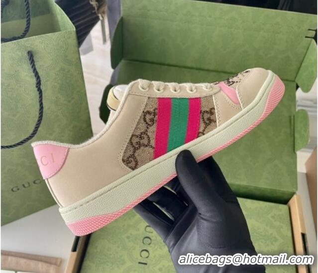 Pretty Style Gucci Screener Sneaker with Crystals in Beige Leather and GG Canvas Pink 122379