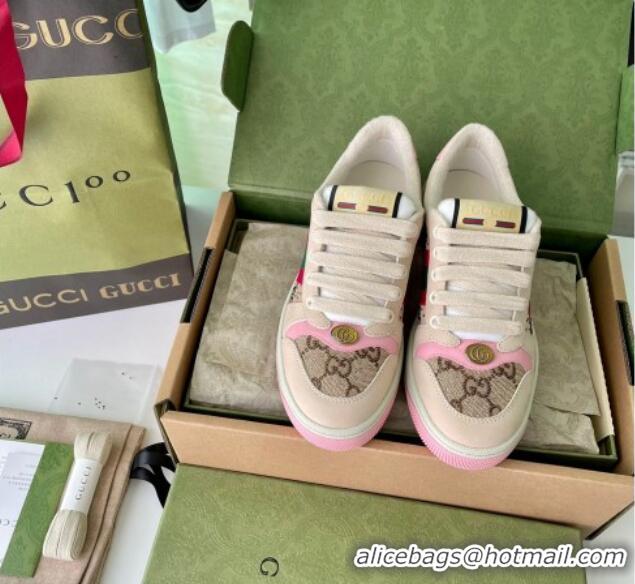 Pretty Style Gucci Screener Sneaker with Crystals in Beige Leather and GG Canvas Pink 122379