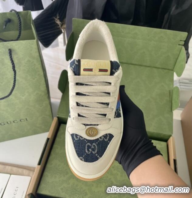 Luxury Gucci Screener Sneaker in Blue GG Denim and White Leather 122381