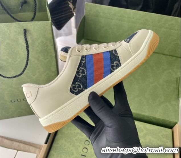 Luxury Gucci Screener Sneaker in Blue GG Denim and White Leather 122381