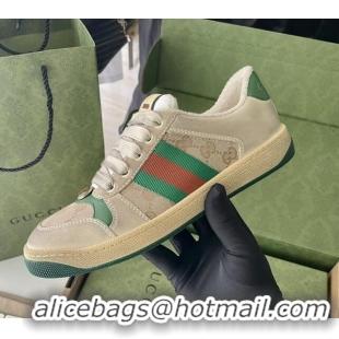 Top Design Gucci Screener Sneaker in Beige Canvas and Suede Green 122382