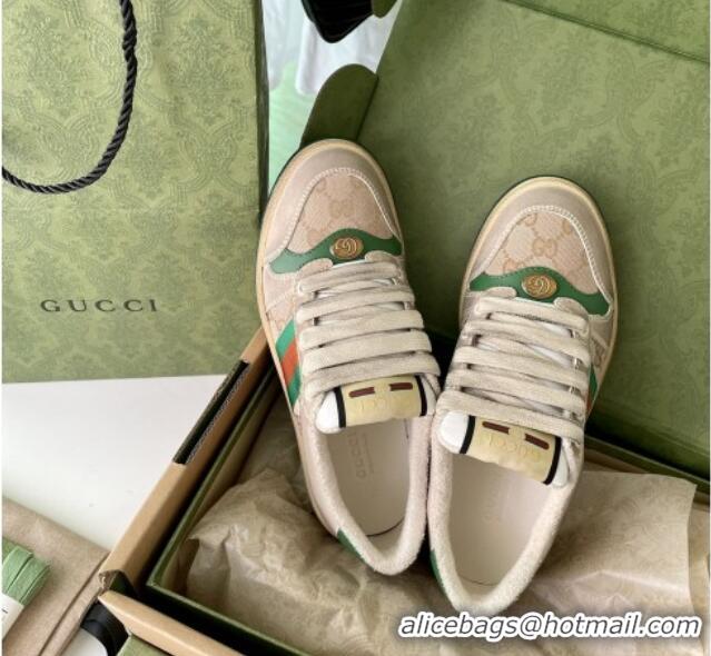 Top Design Gucci Screener Sneaker in Beige Canvas and Suede Green 122382