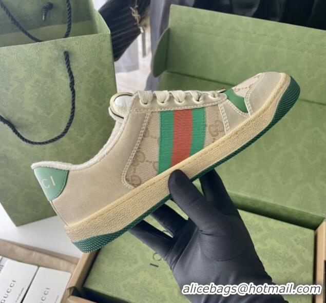 Top Design Gucci Screener Sneaker in Beige Canvas and Suede Green 122382