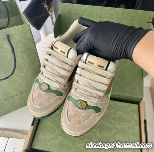 Top Design Gucci Screener Sneaker in Beige Canvas and Suede Green 122382