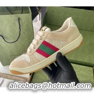 Sophisticated Gucci Screener Sneaker in White and Silver GG Lame Beige/White 122383