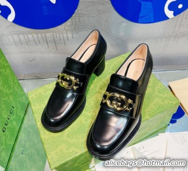 Good Looking Gucci Leather Loafer Pumps 5cm with Interlocking G Black 719846