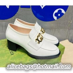 Hot Style Gucci Leather Loafer Pumps 5cm with Interlocking G White 719846