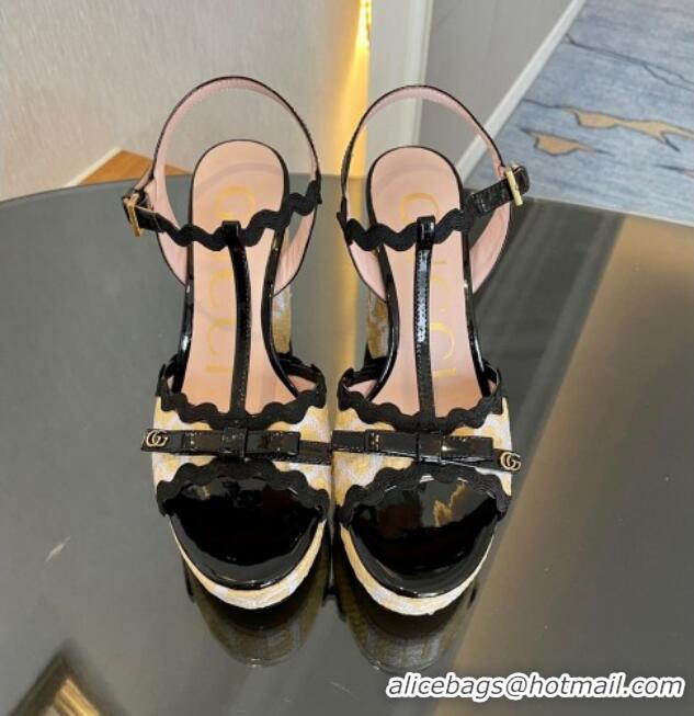 Luxury Gucci Wave Raffia and Patent Leather Platform Sandals with Bow 12cm Black 12261142