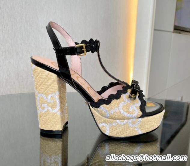 Luxury Gucci Wave Raffia and Patent Leather Platform Sandals with Bow 12cm Black 12261142