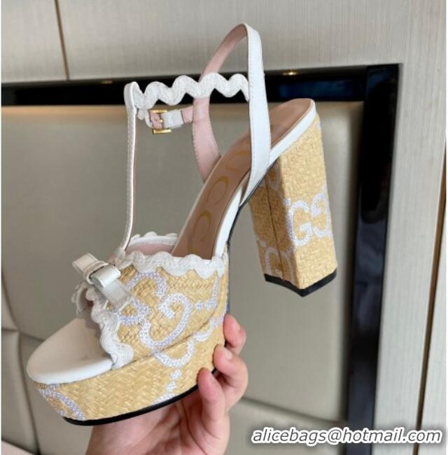 Purchase Gucci Wave Raffia and Patent Leather Platform Sandals with Bow 12cm White 2261143