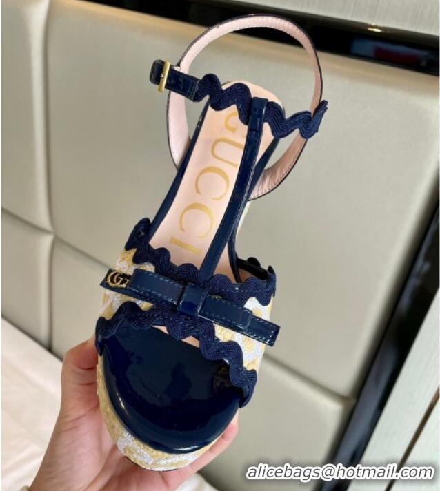 Best Product Gucci Wave Raffia and Patent Leather Platform Sandals with Bow 12cm Dark Blue 2261144