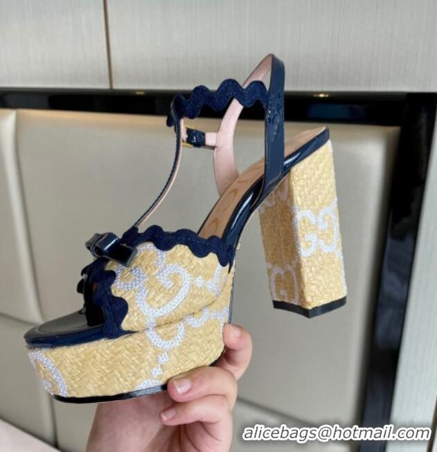 Best Product Gucci Wave Raffia and Patent Leather Platform Sandals with Bow 12cm Dark Blue 2261144