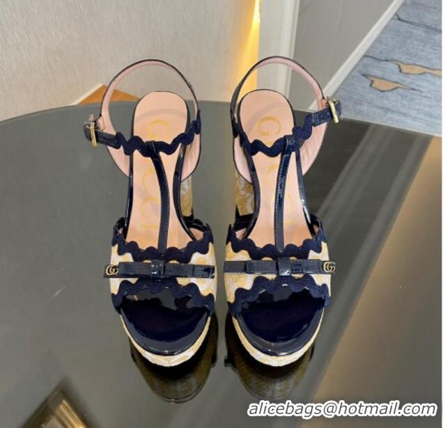 Best Product Gucci Wave Raffia and Patent Leather Platform Sandals with Bow 12cm Dark Blue 2261144