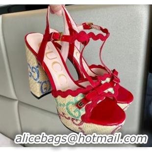 Low Cost Gucci Wave Raffia and Patent Leather Platform Sandals with Bow 12cm Chinese Red 261145