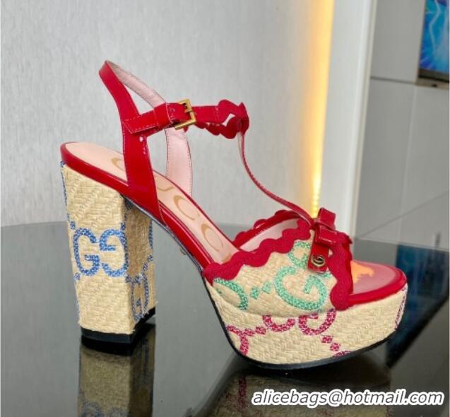 Low Cost Gucci Wave Raffia and Patent Leather Platform Sandals with Bow 12cm Chinese Red 261145