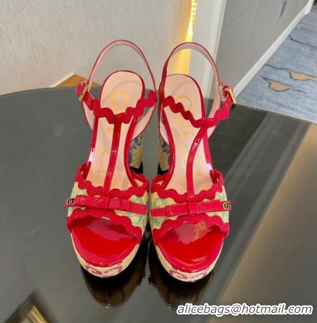 Low Cost Gucci Wave Raffia and Patent Leather Platform Sandals with Bow 12cm Chinese Red 261145