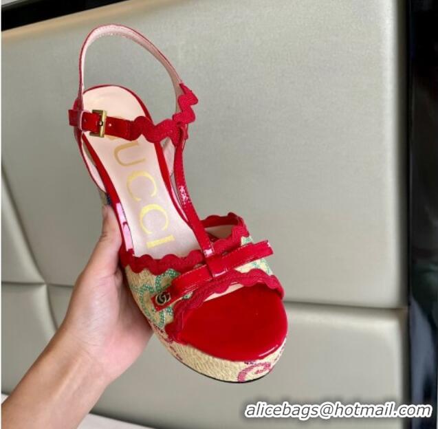 Low Cost Gucci Wave Raffia and Patent Leather Platform Sandals with Bow 12cm Chinese Red 261145