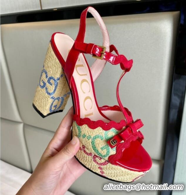 Low Cost Gucci Wave Raffia and Patent Leather Platform Sandals with Bow 12cm Chinese Red 261145