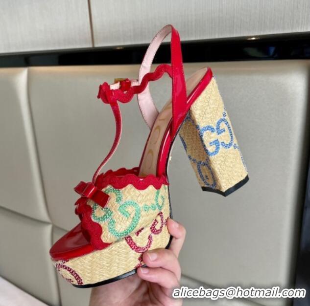 Low Cost Gucci Wave Raffia and Patent Leather Platform Sandals with Bow 12cm Chinese Red 261145