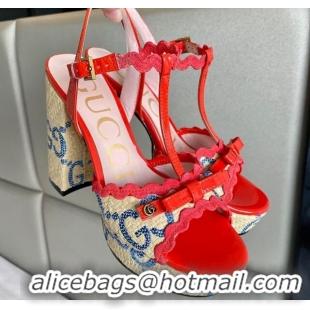 Most Popular Gucci Wave Raffia and Patent Leather Platform Sandals with Bow 12cm Bright Red 261147