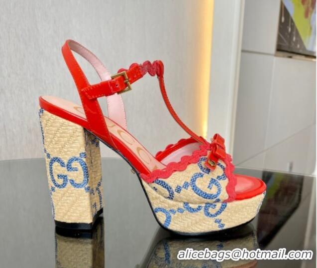 Most Popular Gucci Wave Raffia and Patent Leather Platform Sandals with Bow 12cm Bright Red 261147