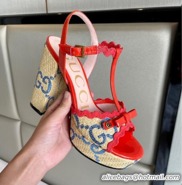 Most Popular Gucci Wave Raffia and Patent Leather Platform Sandals with Bow 12cm Bright Red 261147