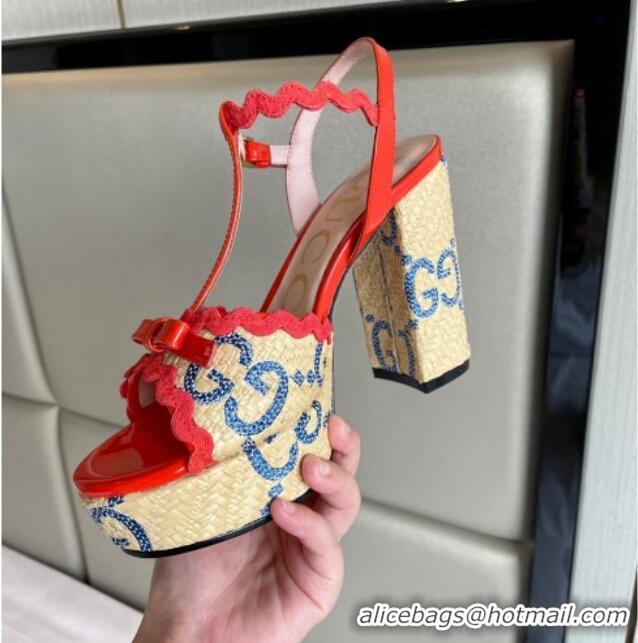 Most Popular Gucci Wave Raffia and Patent Leather Platform Sandals with Bow 12cm Bright Red 261147