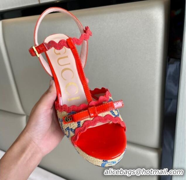 Most Popular Gucci Wave Raffia and Patent Leather Platform Sandals with Bow 12cm Bright Red 261147