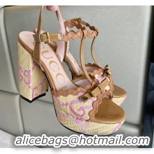 Good Quality Gucci Wave Raffia and Patent Leather Platform Sandals with Bow 12cm Brown 261146