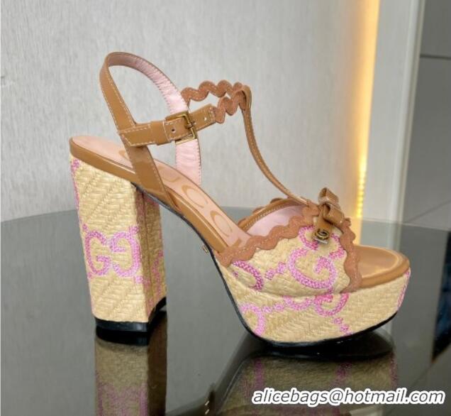 Good Quality Gucci Wave Raffia and Patent Leather Platform Sandals with Bow 12cm Brown 261146