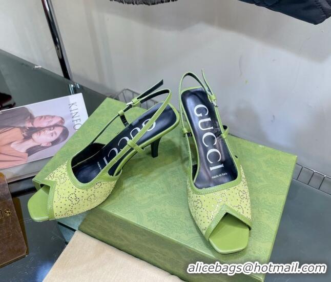 Stylish Gucci Fabric Medium Heel Sandals with Crystal GG 7.5cm Green 122910