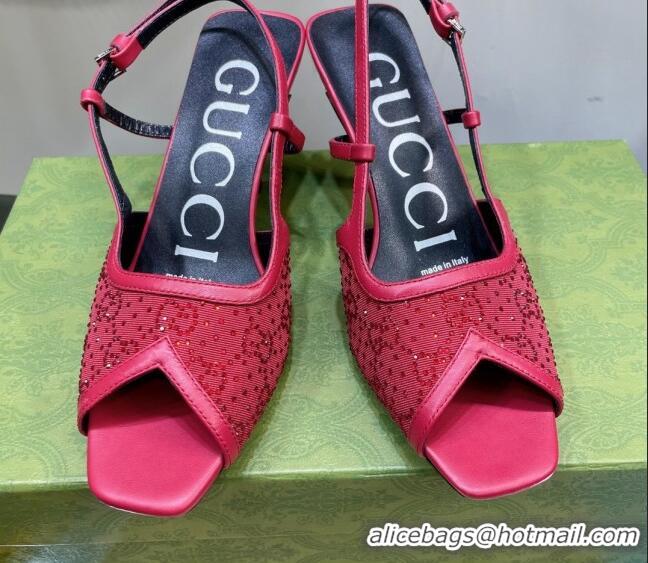 Classic Hot Gucci Fabric Medium Heel Sandals with Crystal GG 7.5cm Red 122912