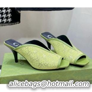 Perfect Gucci Fabric Heel Slide Sandals with Crystal GG 7.5cm Green 122913