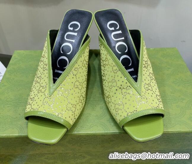 Perfect Gucci Fabric Heel Slide Sandals with Crystal GG 7.5cm Green 122913