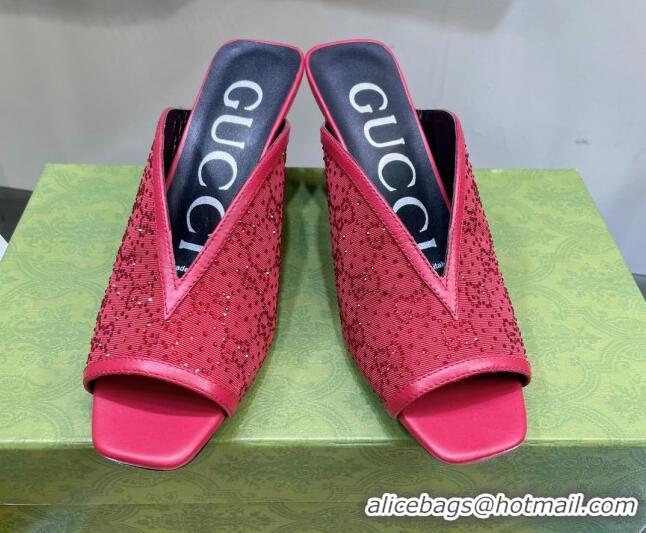 Good Product Gucci Fabric Heel Slide Sandals with Crystal GG 7.5cm Red 122915