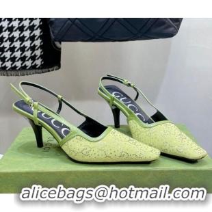 Shop Duplicate Gucci Fabric Medium Heel Slingback Pumps with Crystal GG 7.5cm Green 122919