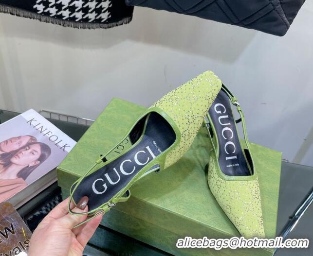 Shop Duplicate Gucci Fabric Medium Heel Slingback Pumps with Crystal GG 7.5cm Green 122919