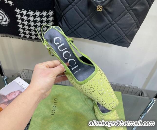 Shop Duplicate Gucci Fabric Medium Heel Slingback Pumps with Crystal GG 7.5cm Green 122919