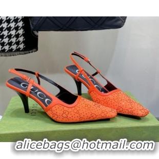 Unique Style Gucci Fabric Medium Heel Slingback Pumps with Crystal GG 7.5cm Orange 122921