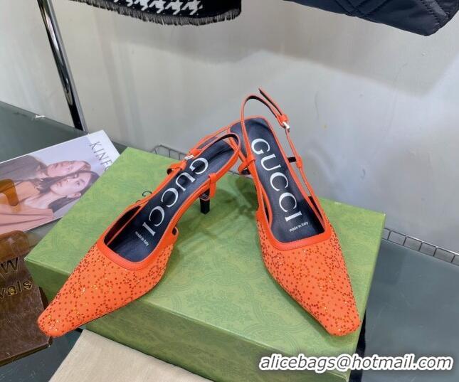 Unique Style Gucci Fabric Medium Heel Slingback Pumps with Crystal GG 7.5cm Orange 122921