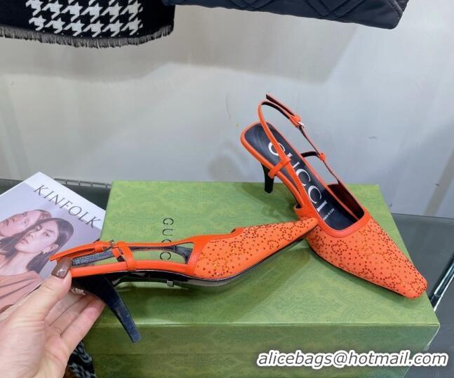 Unique Style Gucci Fabric Medium Heel Slingback Pumps with Crystal GG 7.5cm Orange 122921