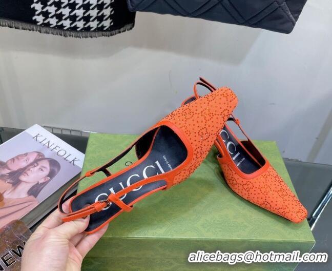 Unique Style Gucci Fabric Medium Heel Slingback Pumps with Crystal GG 7.5cm Orange 122921