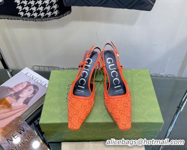 Unique Style Gucci Fabric Medium Heel Slingback Pumps with Crystal GG 7.5cm Orange 122921