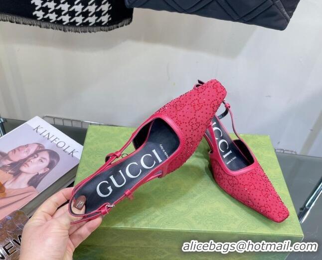 Pretty Style Gucci Fabric Medium Heel Slingback Pumps with Crystal GG 7.5cm Red 122923