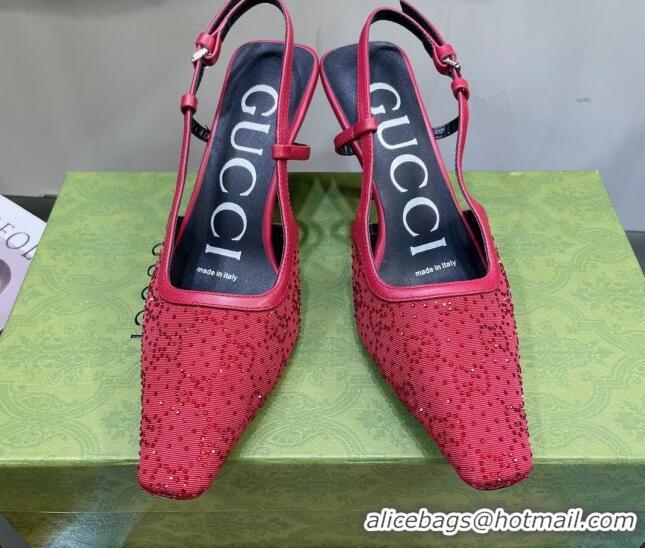 Pretty Style Gucci Fabric Medium Heel Slingback Pumps with Crystal GG 7.5cm Red 122923