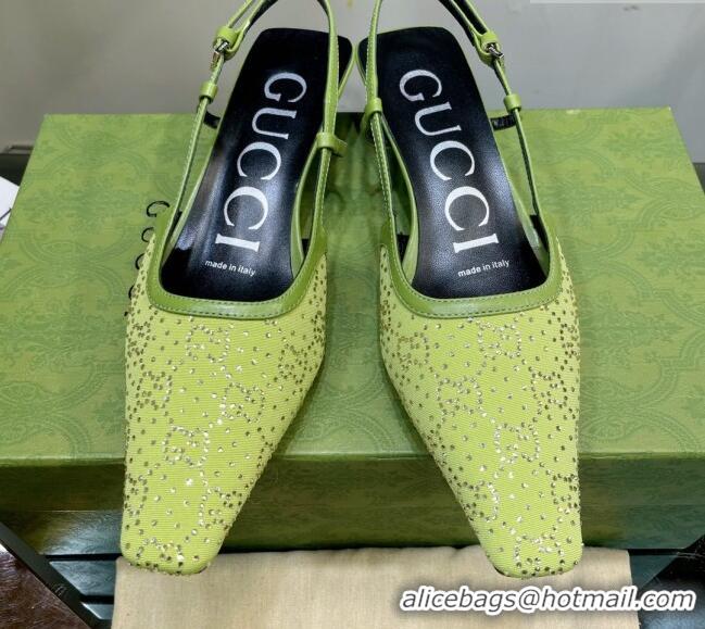 Low Price Gucci Fabric Low Heel Slingback Pumps with Crystal GG 3.5cm Green 122920