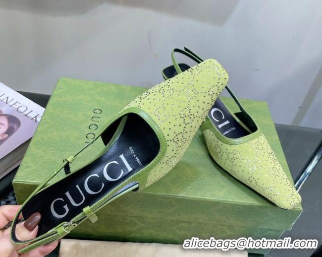 Low Price Gucci Fabric Low Heel Slingback Pumps with Crystal GG 3.5cm Green 122920